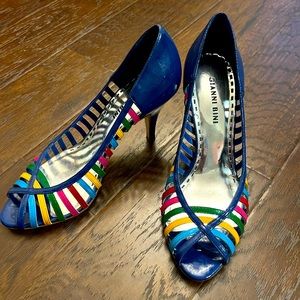 Gianni Bini 4 inch open toed heels with multicolored straps.